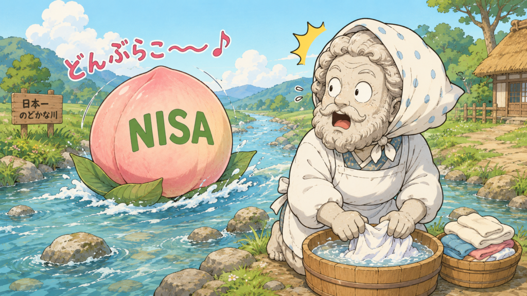 桃太郎パロディ:川から「NISA」と書かれた桃が流れてきて驚く、おばあさんに扮したダビデ君