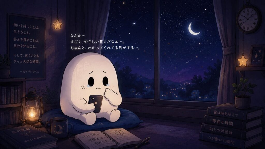 深夜にスマホを見つめて考え込むヒトバシラ君