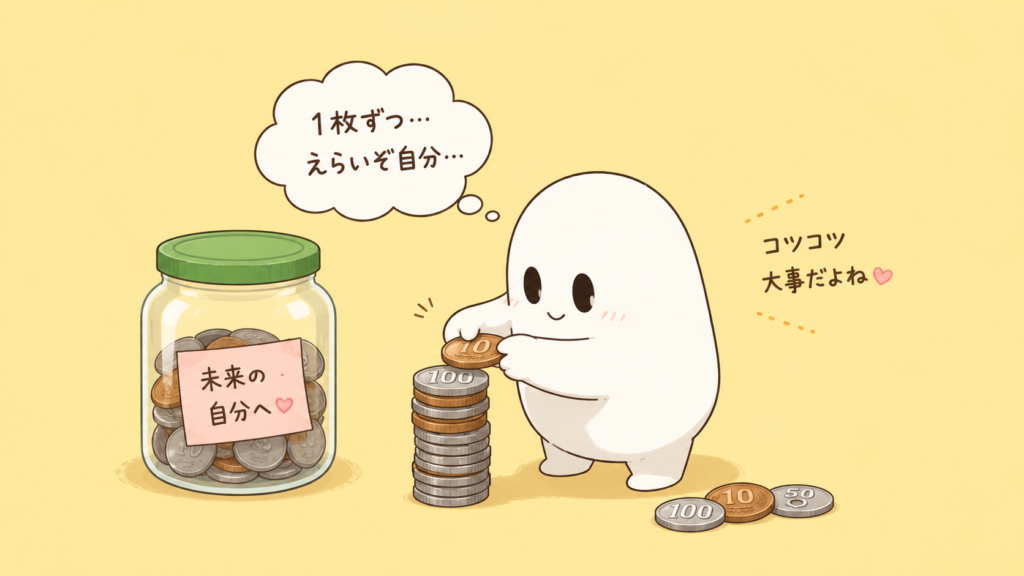 小銭をコツコツ積み上げるミニヒトバシラ君(積立投資のイメージ)