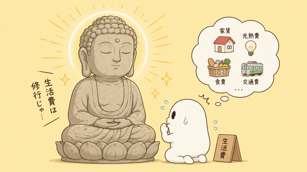 仏像に扮して生活費と向き合うヒトバシラ君(家計簿修行中)