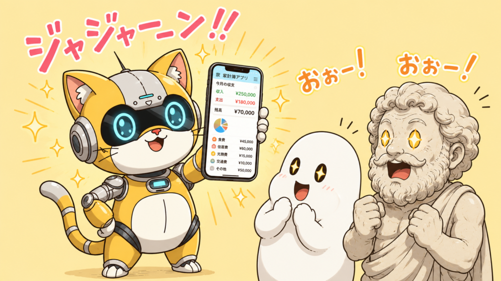 秘密道具の家計簿アプリを取り出すちゃとえもんと驚くヒトバシラ君・ダビデ君