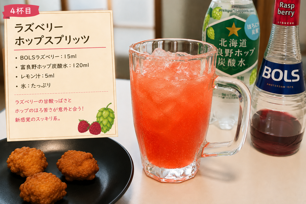 4杯目 ラズベリーホップスプリッツのレシピと完成写真