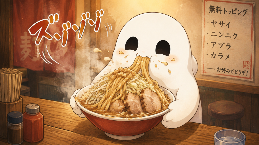 二郎系ラーメンを豪快にすするヒトバシラ君のイラスト