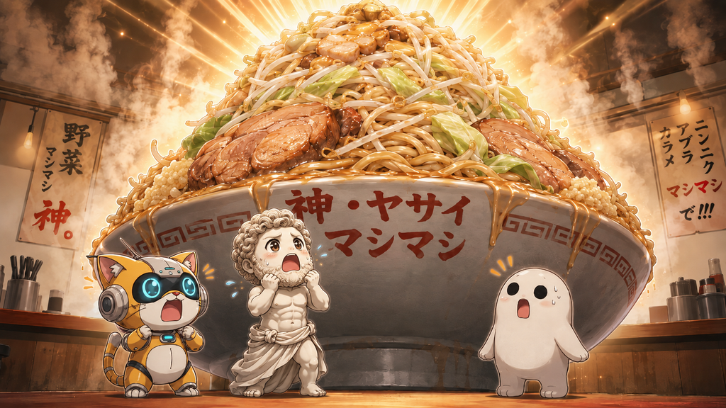 そびえ立つ巨大な二郎系ラーメンに圧倒される3キャラのイラスト