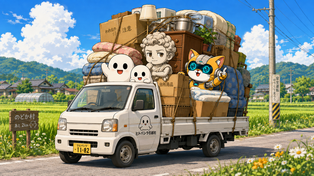 軽トラに荷物を積んで引っ越す3キャラのイラスト(転居で家賃を下げる)