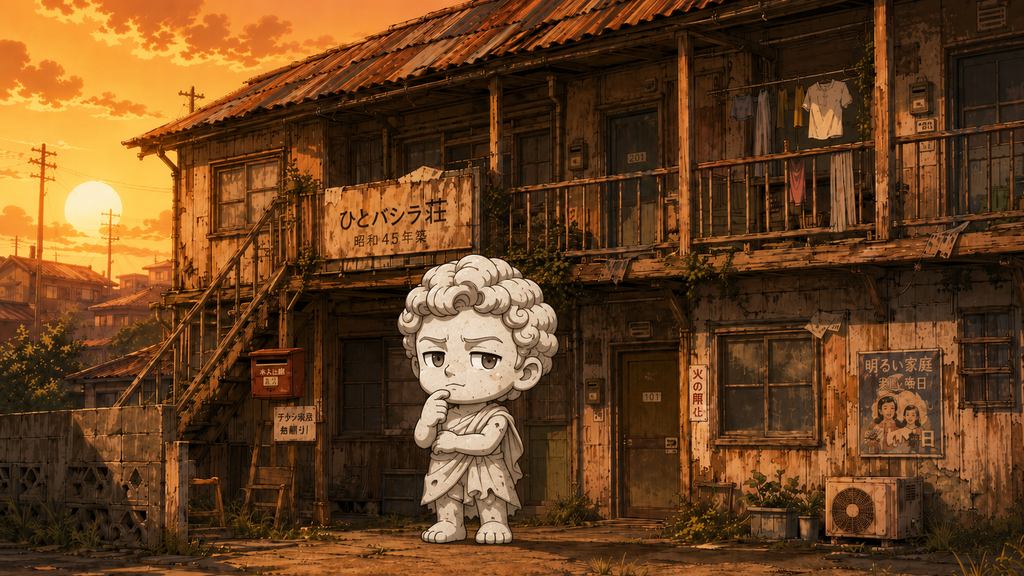 昭和感漂うボロアパートの前に立つダビデ君(家賃交渉のイメージ)