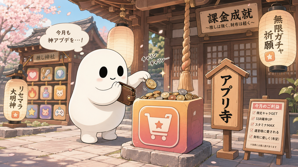 アプリ寺の賽銭箱に課金し続けるヒトバシラ君(無駄なサブスクの例え)