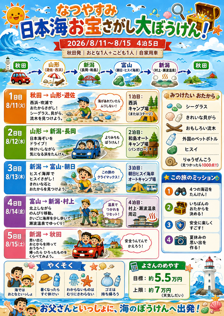 AIで作成した日本海お宝さがし大ぼうけんの旅程パンフレット