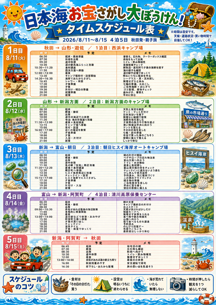 親子キャンプと日本海のお宝探し旅行の旅程表